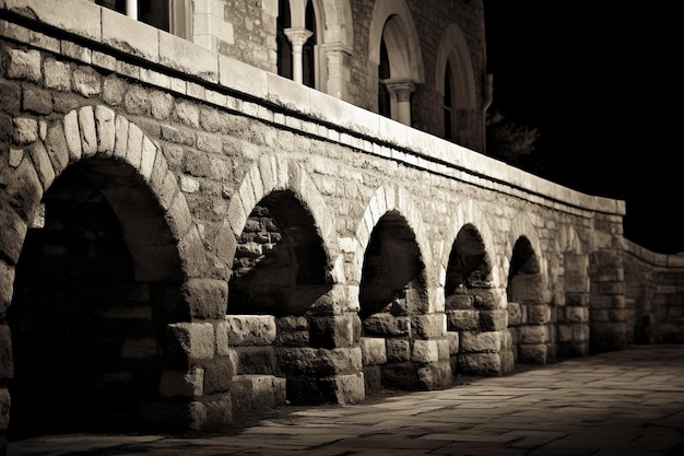 Une photo verticale en gamme de gris d'une belle balustrade en pierre d'un bâtiment historique la nuit