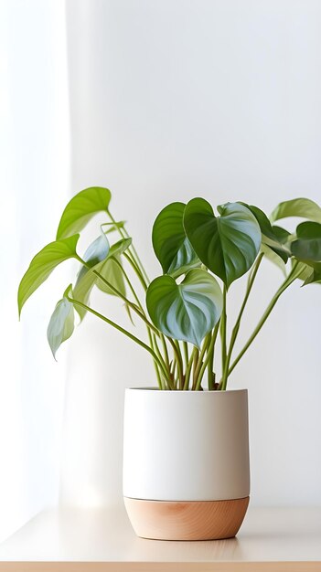 Une photo verticale d'une plante dans un pot blanc à l'intérieur d'une pièce.