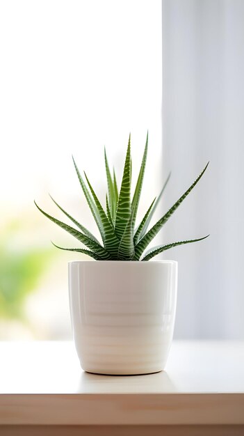 Une photo verticale d'une plante dans un pot blanc à l'intérieur d'une pièce.