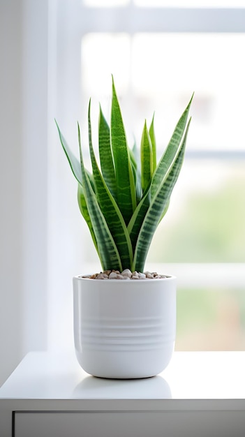 Une photo verticale d'une plante dans un pot blanc à l'intérieur d'une pièce.