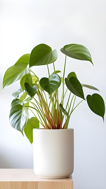 Une photo verticale d'une plante dans un pot blanc à l'intérieur d'une pièce.
