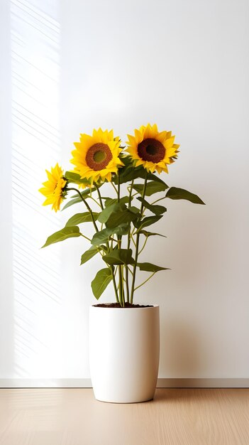 Une photo verticale d'une plante dans un pot blanc à l'intérieur d'une pièce.