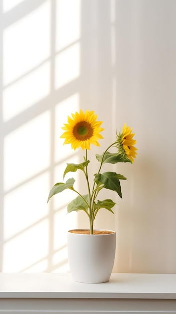 Une photo verticale d'une plante dans un pot blanc à l'intérieur d'une pièce.