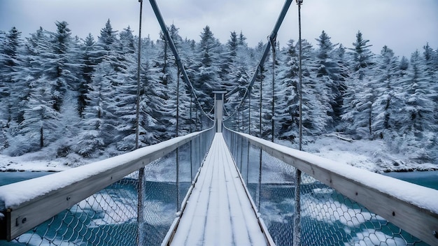 Photo une photo verticale d'un pont suspendu se dirigeant vers la belle forêt de sapins couverte de neige