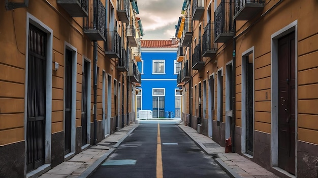 Une photo verticale d'une ruelle vide alignée avec de vieux bâtiments jaunes menant à un bâtiment bleu