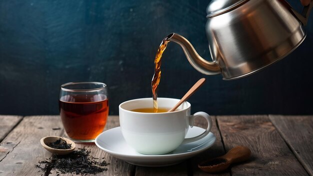 Une photo verticale d'un thé versé d'une bouilloire dans une tasse blanche avec une cuillère en bois