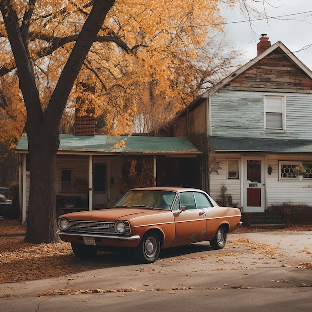 photo verticale d'une voiture rétro près d'une maison