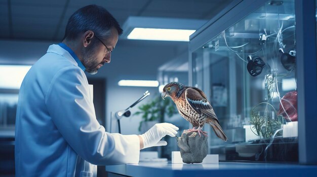 Photo une photo d'un vétérinaire examinant un oiseau dans une salle spécialisée