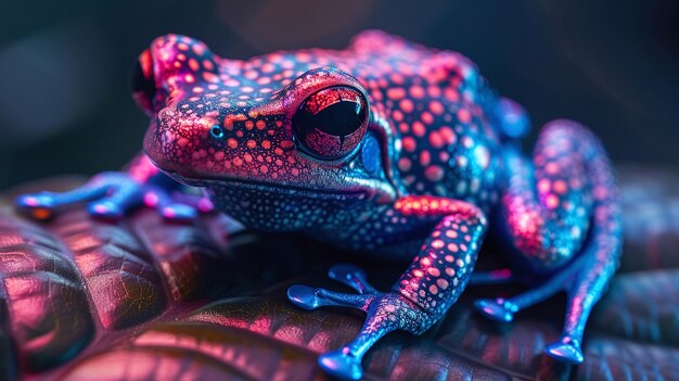 Une photo vibrante et accrocheuse d'une grenouille bleue et pourpre assise sur une feuille