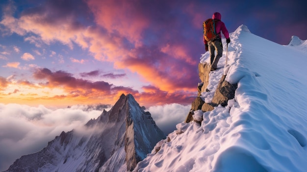 Une photo vibrante d'un alpiniste sur une crête enneigée