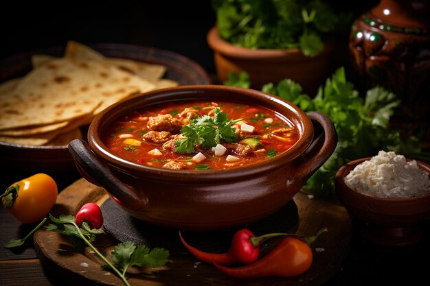 Une photo vibrante d'un bol de soupe mexicaine épicée au menudo avec des tortillas de maïs