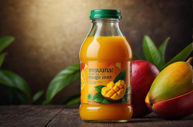 Une photo vibrante d'une bouteille de jus de mangue