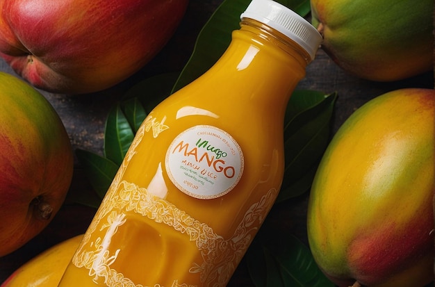 Une photo vibrante d'une bouteille de jus de mangue