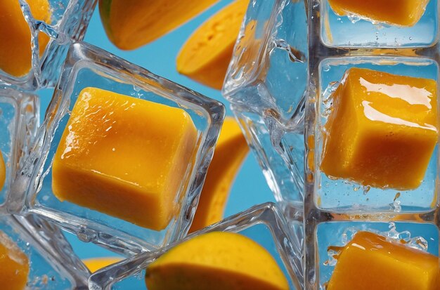 Une photo vibrante des cubes de glace au jus de mangue.