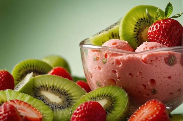 Une photo vibrante du bol de sorbet au kiwi à la fraise