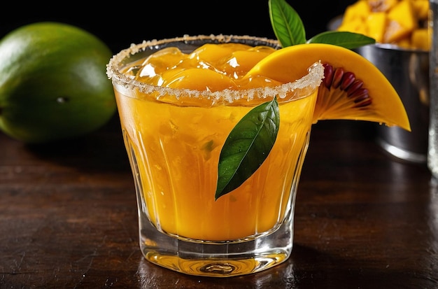 Une photo vibrante du cocktail au jus de mangue et au rhum.
