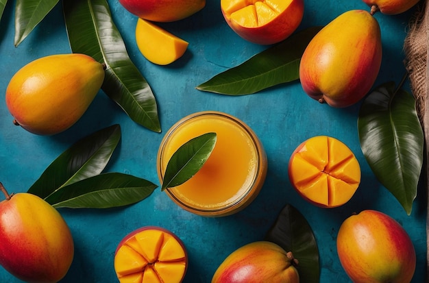 Une photo vibrante du jus de mangue tropical à plat