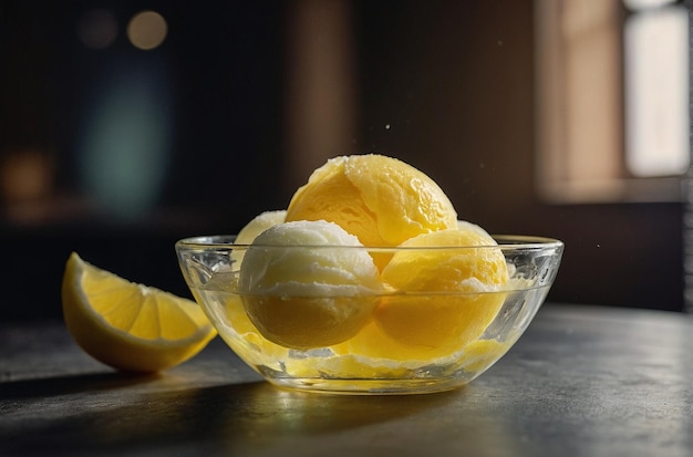 Une photo vibrante du sorbet au citron servi dans un verre