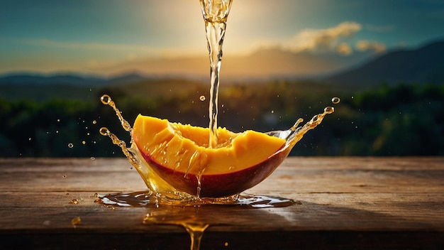 Une photo vibrante de l'éclaboussure du jus de mangue