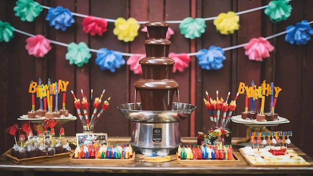 Photo une photo vibrante de la fontaine de chocolat sur la fête d'anniversaire des enfants