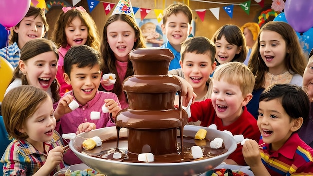 Photo une photo vibrante de la fontaine de chocolat sur la fête d'anniversaire des enfants