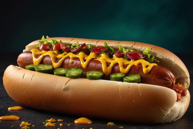 Une photo vibrante d'un hot-dog avec de la sauce guasacaca