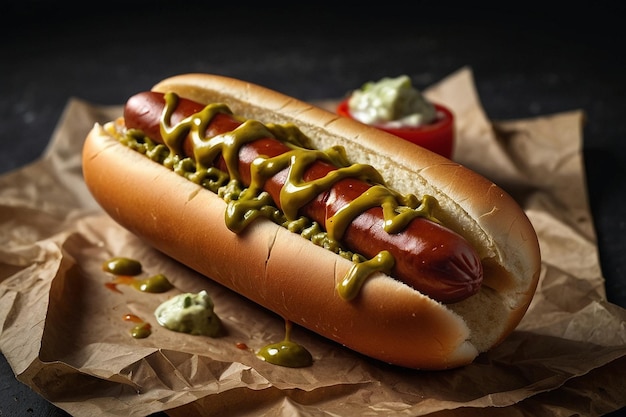 Photo une photo vibrante d'un hot-dog avec de la sauce guasacaca