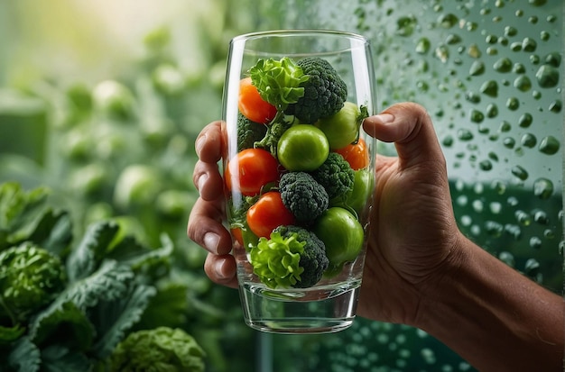 une photo vibrante d'une main qui s'accroche à des fruits verts frais