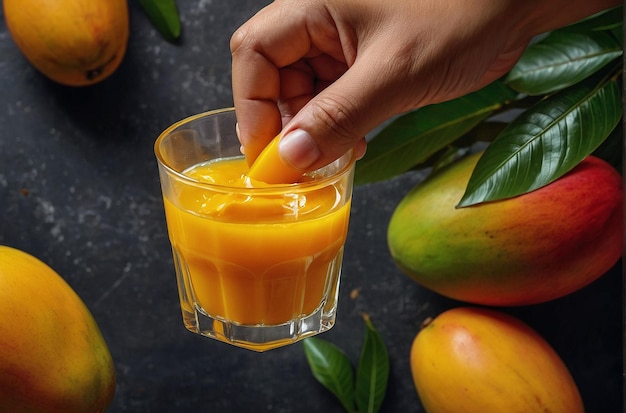 Une photo vibrante de la main tenant le jus de mangue