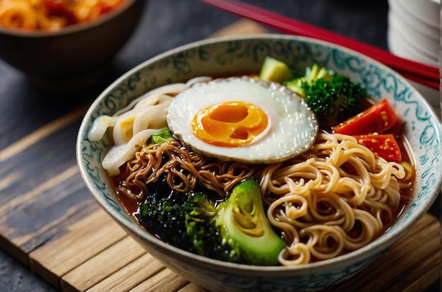 Une photo vibrante de Ramen coloré avec des légumes