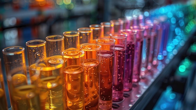 Photo vibrante de tubes de verre colorés dans un équipement scientifique de laboratoire de formes et de tailles multiples