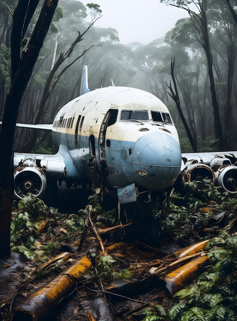 Photo d'un vieil avion assis au milieu de la forêt générative ai