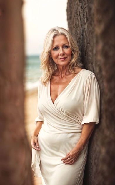 Photo d'une vieille dame blanche d'âge moyen femme américaine en robe sur la plage de sable IA générative