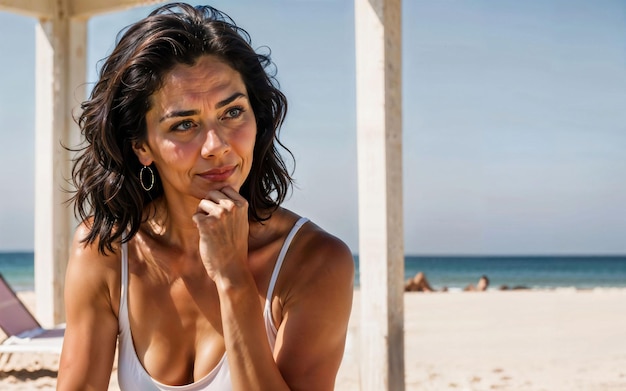 Photo d'une vieille femme d'âge moyen dans une maison près de la plage de la mer AI générative