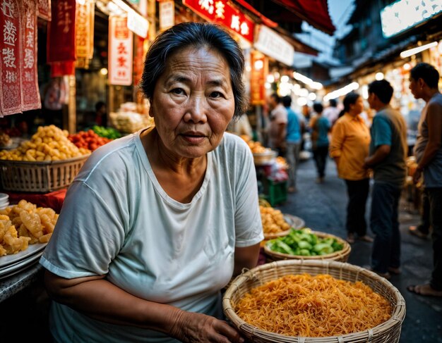 photo d'une vieille vendeuse âgée en Chine sur le marché de rue local la nuit IA générative