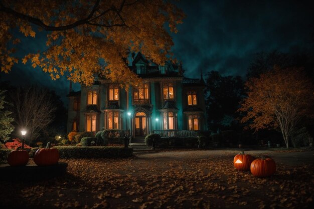 photo vieux manoir la nuit d'Halloween