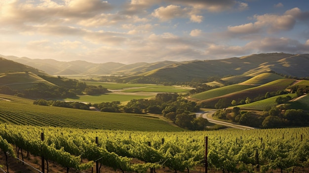 Une photo d'un vignoble avec des collines vallonnées de vignes