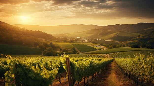 Une photo d'un vignoble luxuriant avec des collines ondulantes éclairant l'heure d'or