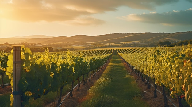 Une photo d'un vignoble pastel avec des rangées de vignes éclairant l'heure d'or