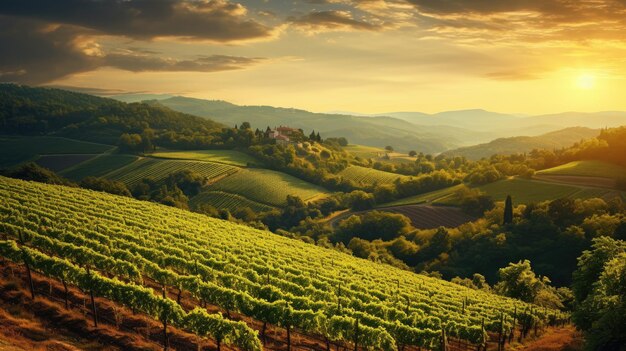 Une photo d'un vignoble pittoresque sur une colline éclairée à l'heure d'or