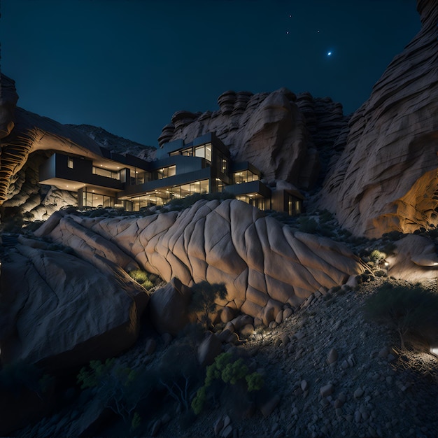 Photo d'une villa moderne perchée au sommet d'une montagne avec une passerelle éclairée la nuit