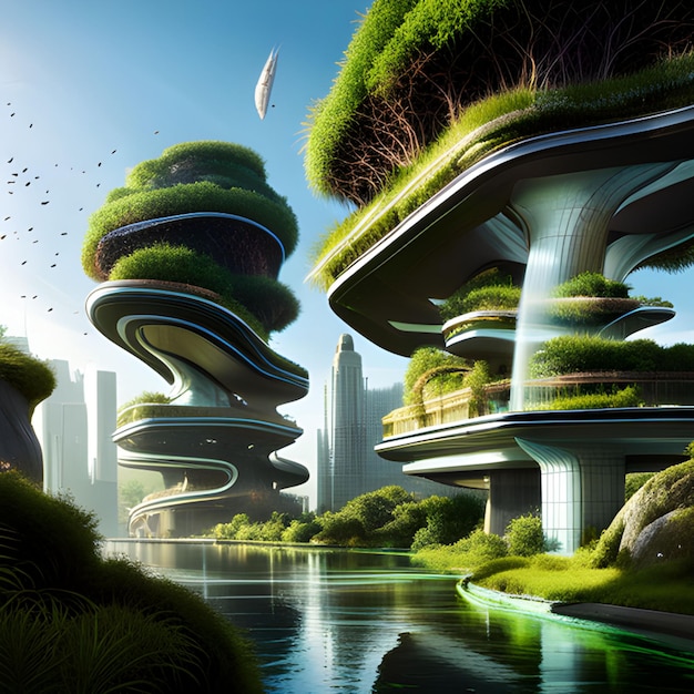 Photo une photo d'une ville forestière magique du futur avec des voitures volantes et une vie robotique