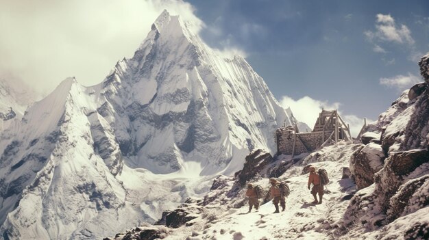 Photo vintage d'anciens grimpeurs d'un groupe d'alpinistes avant l'attaque du sommet