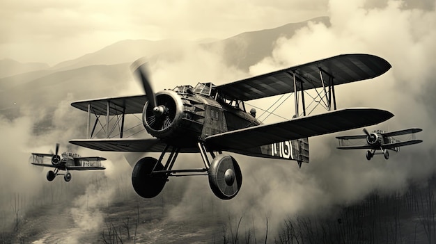 Photo vintage d'avions de chasse d'escadron de guerre volant dans le ciel avec leurs ailes traversant le