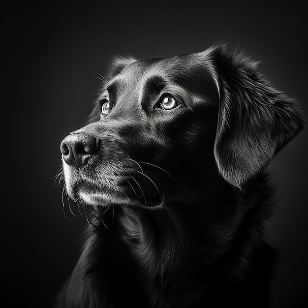 Une photo vintage dramatique d'un chien en noir et blanc sur un fond noir