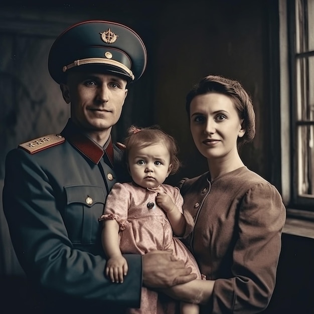 Photo vintage d'un homme de famille en uniforme militaire, d'une femme et d'un petit enfant, d'un père et d'une mère.