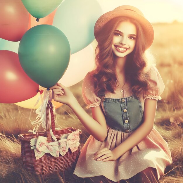 Une photo vintage d'une jeune fille heureuse tenant des ballons colorés et assise sur un champ d'herbe