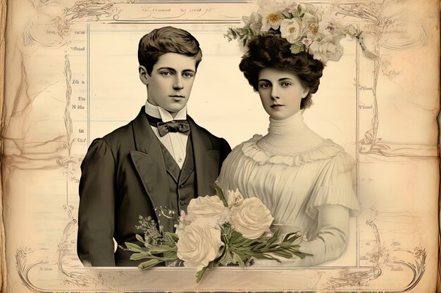 Photo une photo vintage d'un jeune homme et d'une femme avec des fleurs