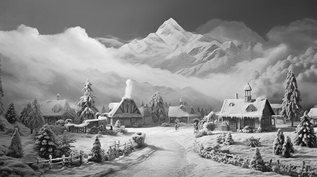 Photo vintage en noir et blanc Petit village décoré de Noël dans une beauté intemporelle