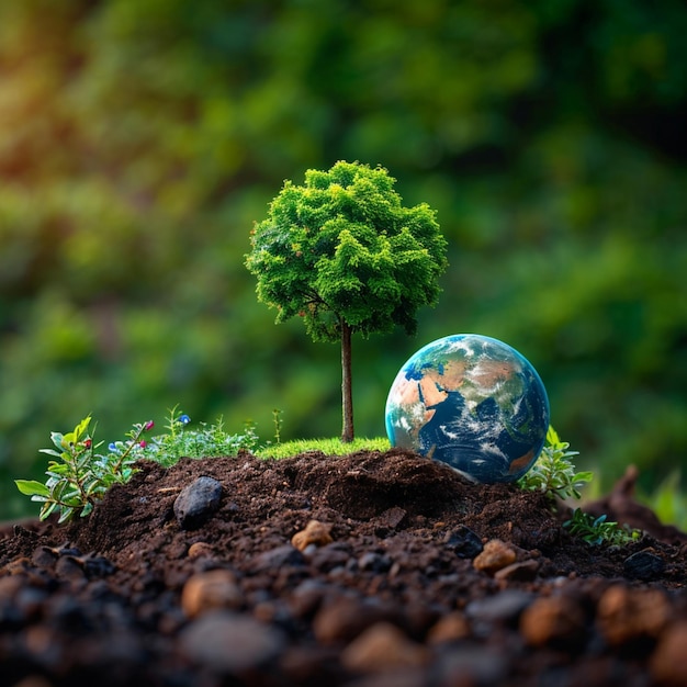 Photo Vision durable L'arbre et le globe sur fond vert représentent les énergies renouvelables